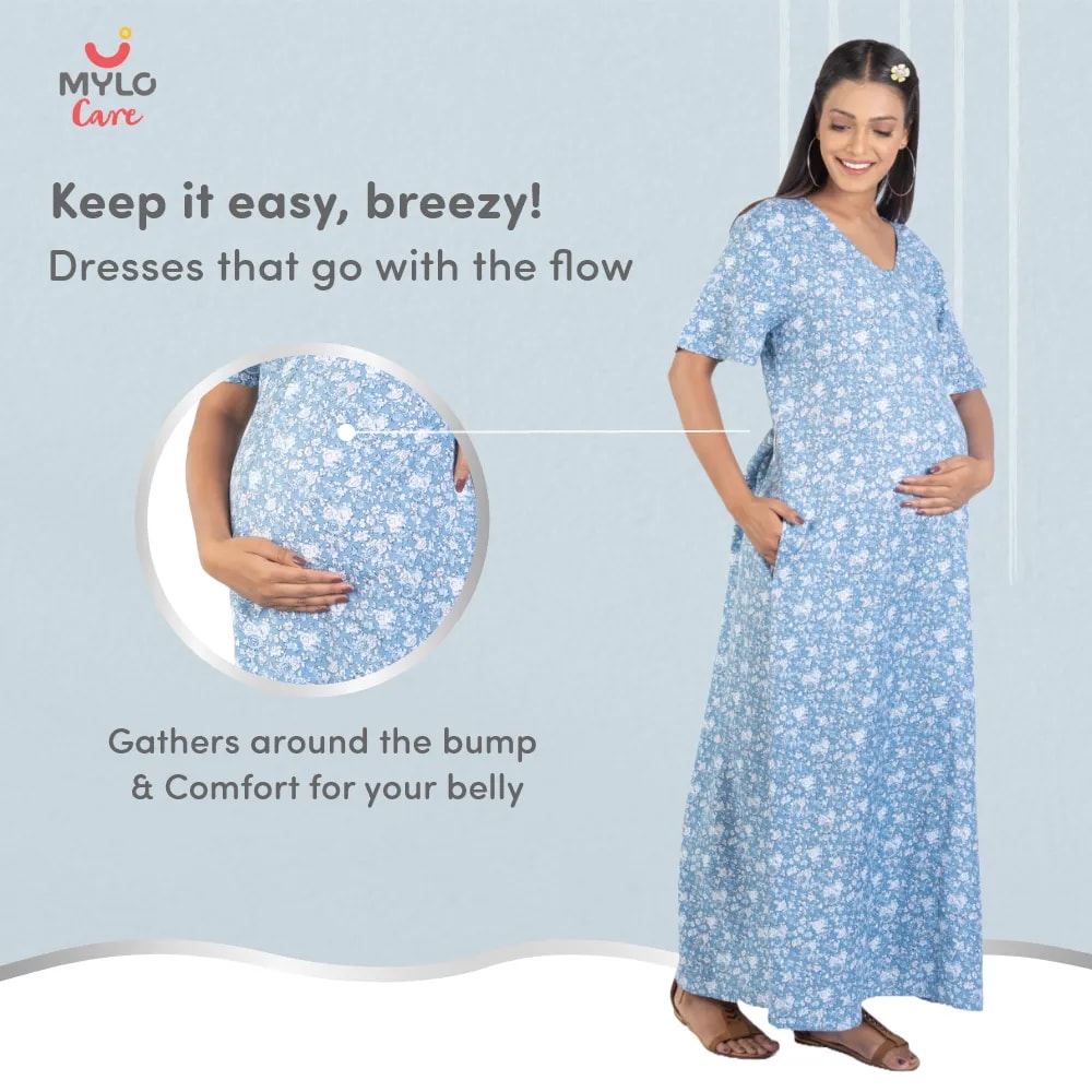 Maternity Dresses For Women with Both Side Zipper For Easy Feeding | Adjustable Belt for Growing Belly | Maxi Nighty Dress | Blue Peony | L