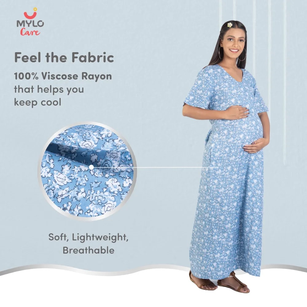 Maternity Dresses For Women with Both Side Zipper For Easy Feeding | Adjustable Belt for Growing Belly | Maxi Nighty Dress | Blue Peony | L