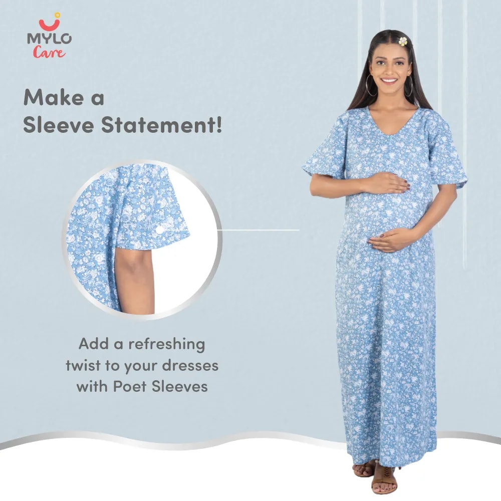 Maternity Dresses For Women with Both Side Zipper For Easy Feeding | Adjustable Belt for Growing Belly | Maxi Nighty Dress | Blue Peony | L