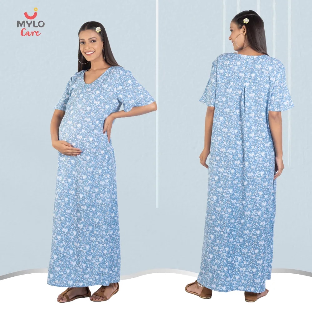 Maternity Dresses For Women with Both Side Zipper For Easy Feeding | Adjustable Belt for Growing Belly | Maxi Nighty Dress | Blue Peony | L