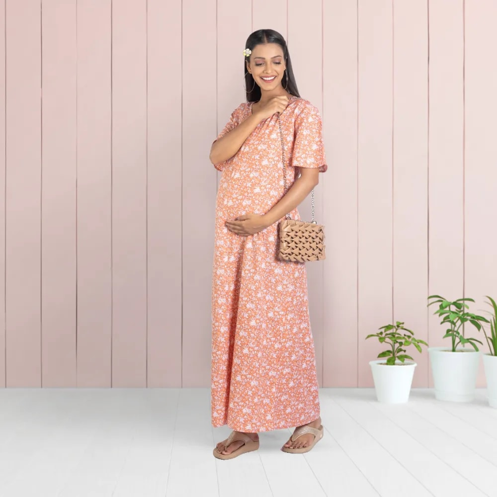 Maternity Dresses For Women with Both Side Zipper For Easy Feeding | Adjustable Belt for Growing Belly | Maxi Nighty Dress | Orange Rose | L