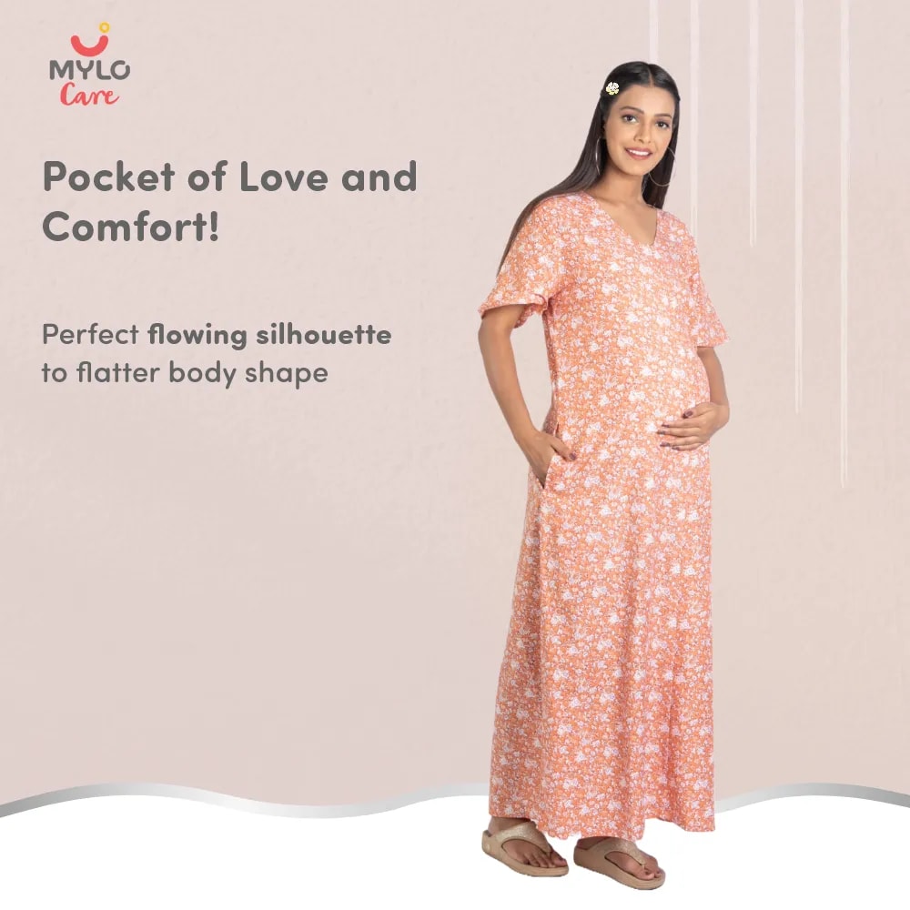 Maternity Dresses For Women with Both Side Zipper For Easy Feeding | Adjustable Belt for Growing Belly | Maxi Nighty Dress | Orange Rose | L