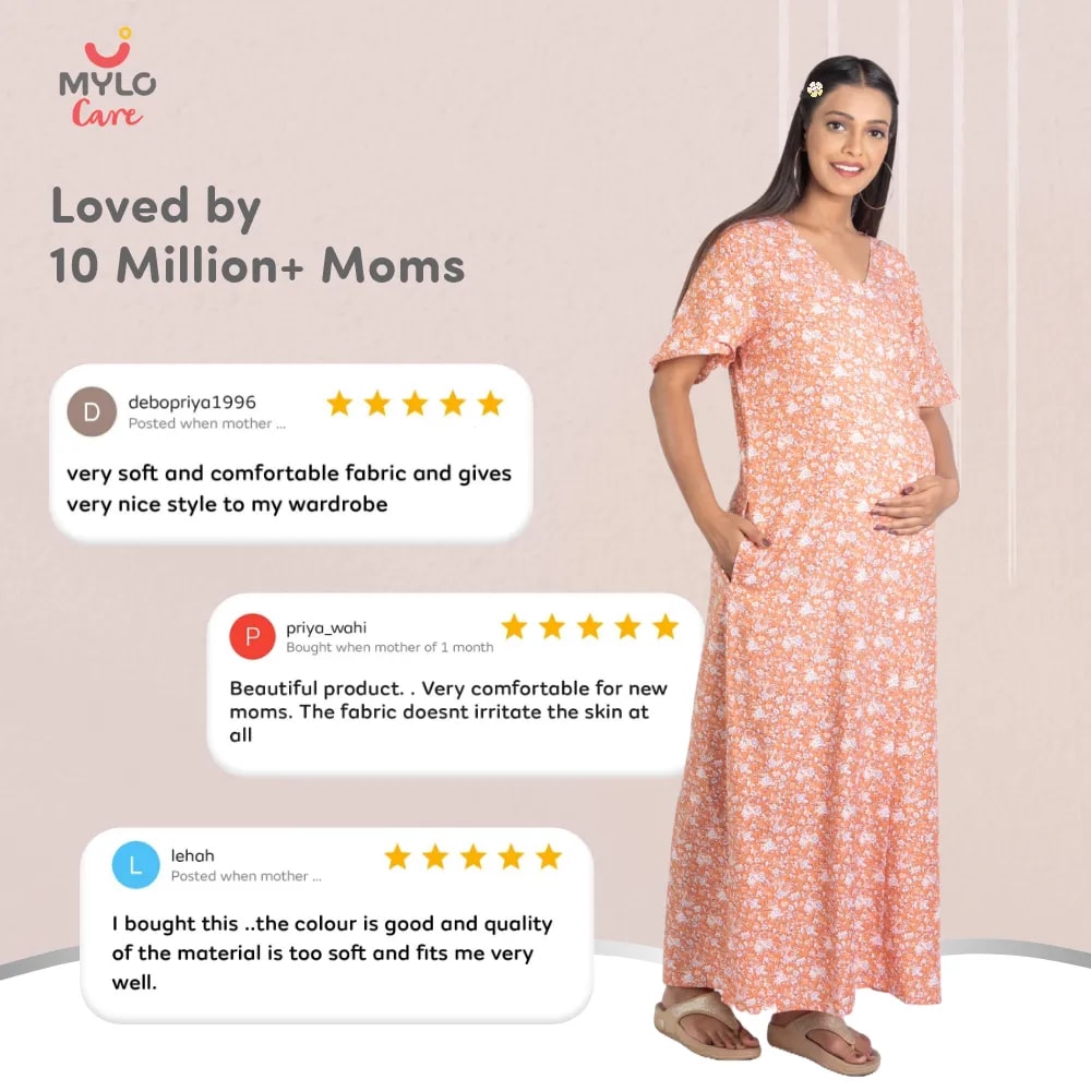 Maternity Dresses For Women with Both Side Zipper For Easy Feeding | Adjustable Belt for Growing Belly | Maxi Nighty Dress | Orange Rose | L