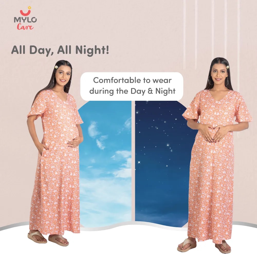 Maternity Dresses For Women with Both Side Zipper For Easy Feeding | Adjustable Belt for Growing Belly | Maxi Nighty Dress | Orange Rose | L