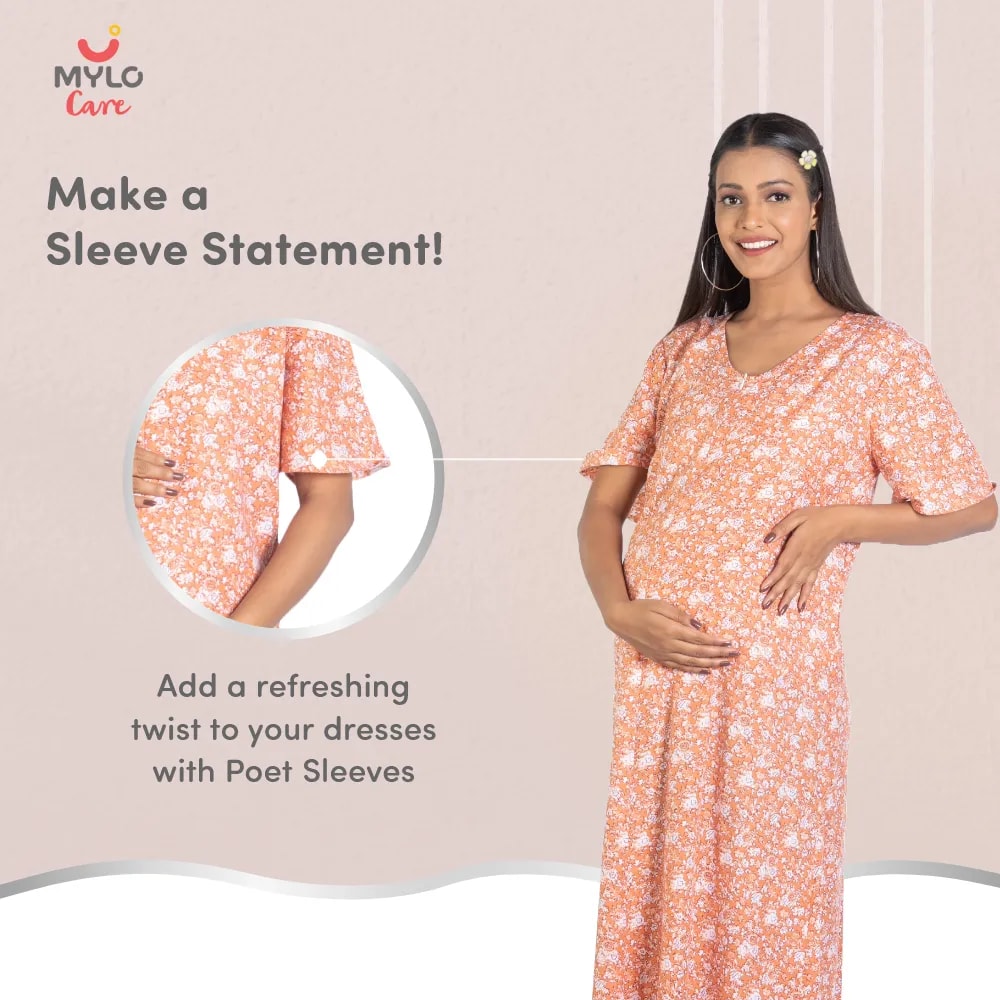Maternity Dresses For Women with Both Side Zipper For Easy Feeding | Adjustable Belt for Growing Belly | Maxi Nighty Dress | Orange Rose | L