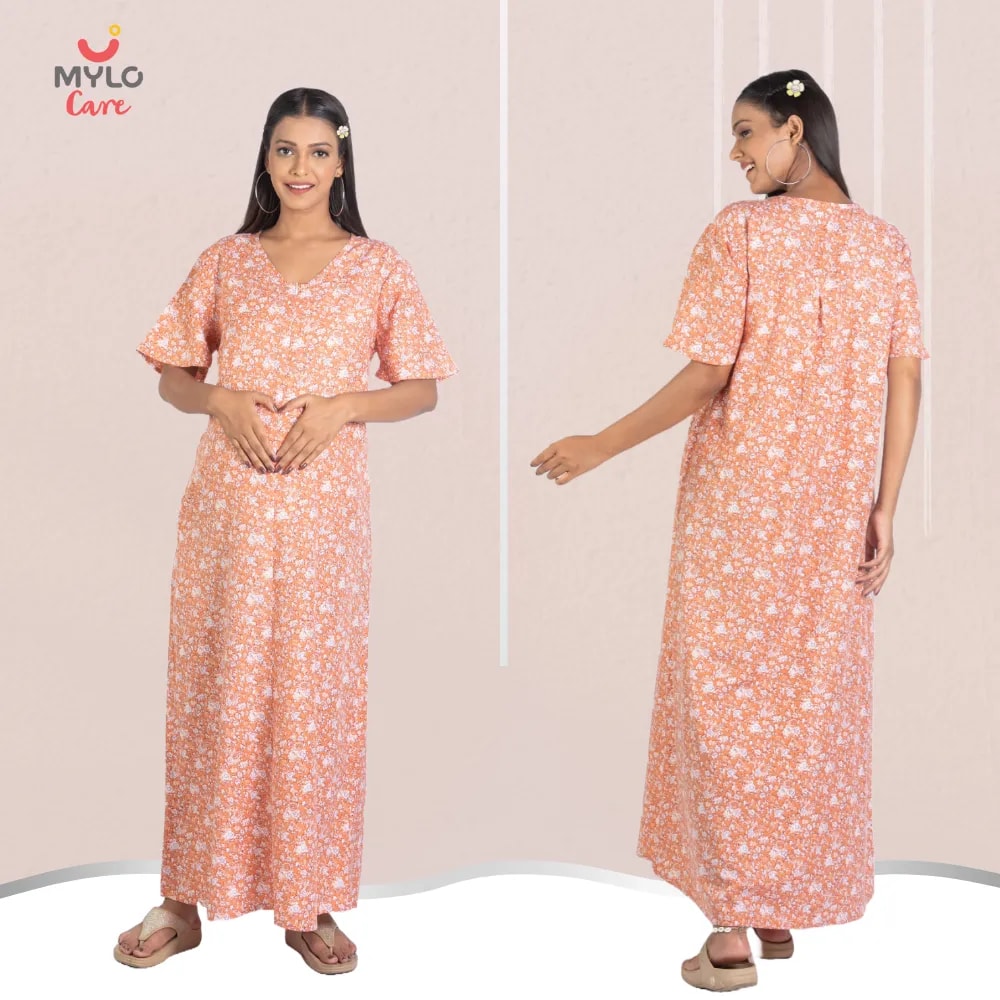 Maternity Dresses For Women with Both Side Zipper For Easy Feeding | Adjustable Belt for Growing Belly | Maxi Nighty Dress | Orange Rose | L