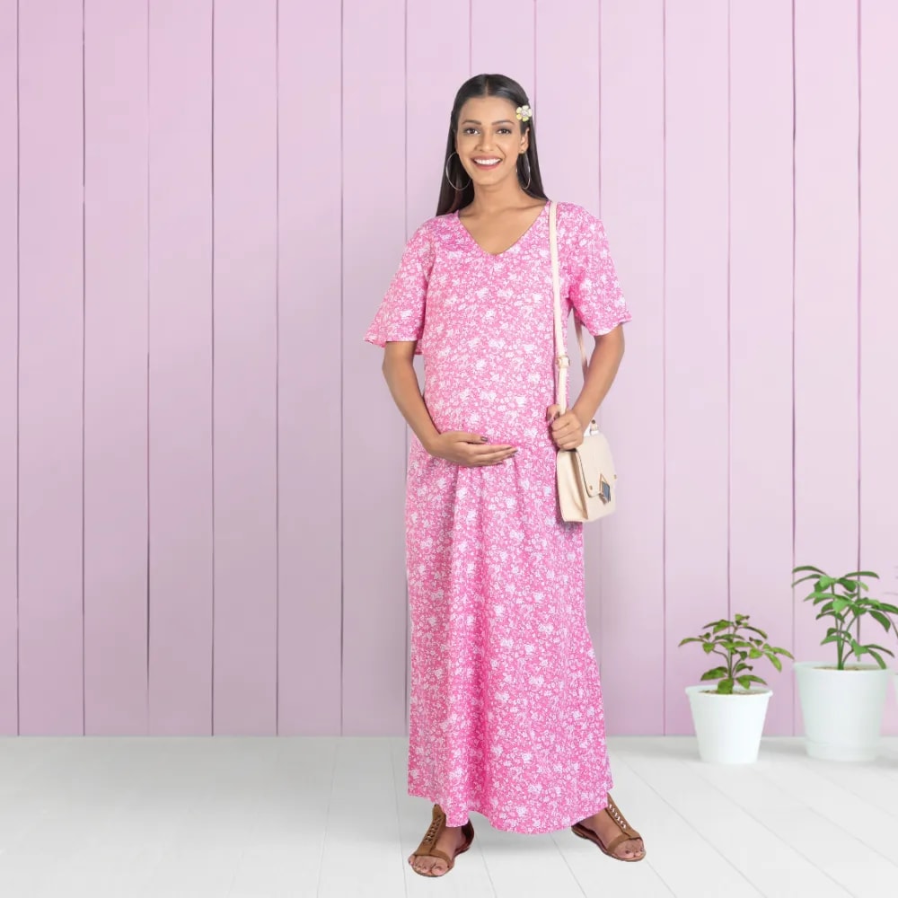 Maternity Dresses For Women with Both Side Zipper For Easy Feeding | Adjustable Belt for Growing Belly | Maxi Nighty Dress | Pink Rose | L