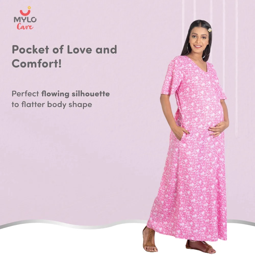 Maternity Dresses For Women with Both Side Zipper For Easy Feeding | Adjustable Belt for Growing Belly | Maxi Nighty Dress | Pink Rose | L
