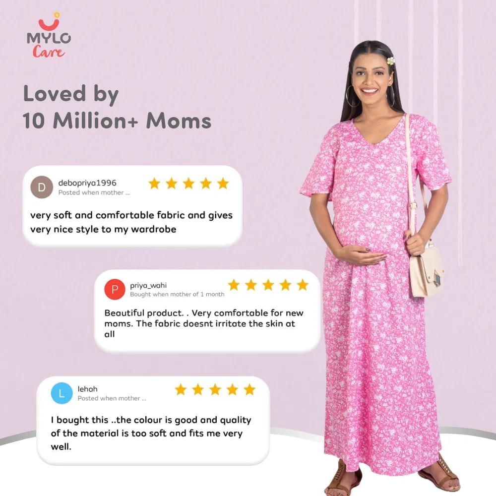 Maternity Dresses For Women with Both Side Zipper For Easy Feeding | Adjustable Belt for Growing Belly | Maxi Nighty Dress | Pink Rose | L