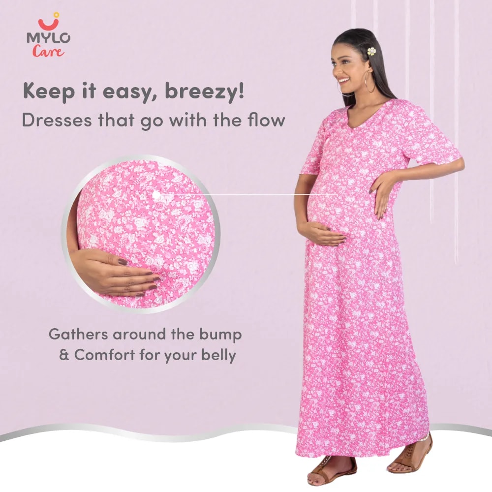 Maternity Dresses For Women with Both Side Zipper For Easy Feeding | Adjustable Belt for Growing Belly | Maxi Nighty Dress | Pink Rose | L