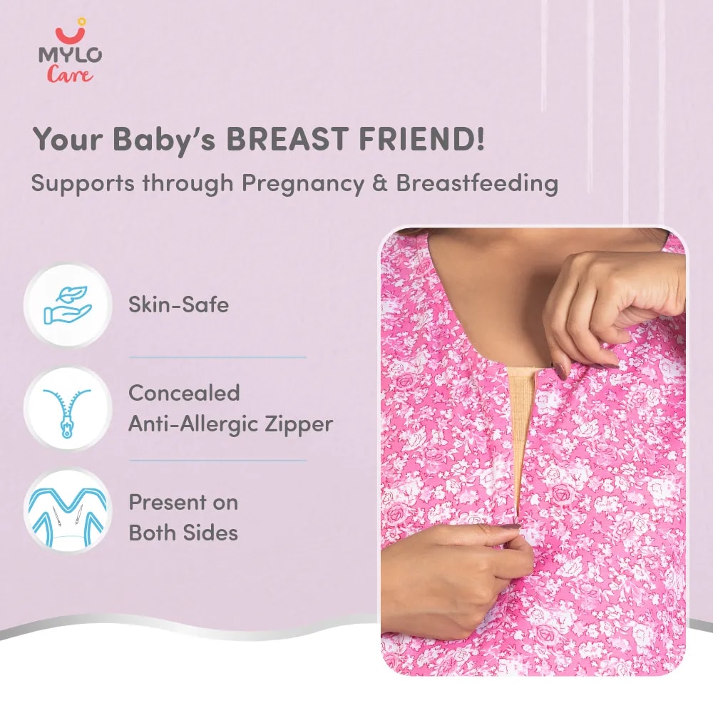 Maternity Dresses For Women with Both Side Zipper For Easy Feeding | Adjustable Belt for Growing Belly | Maxi Nighty Dress | Pink Rose | L