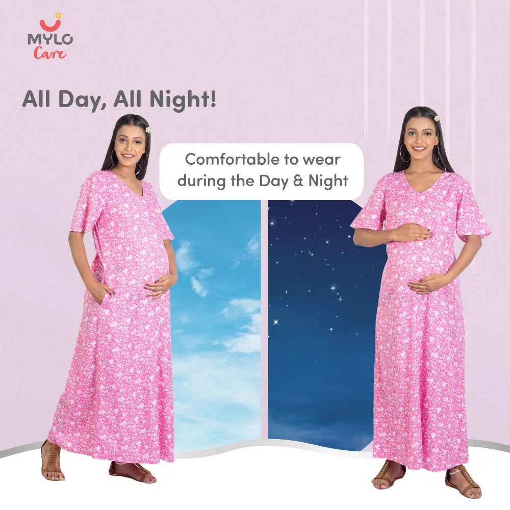 Maternity Dresses For Women with Both Side Zipper For Easy Feeding | Adjustable Belt for Growing Belly | Maxi Nighty Dress | Pink Rose | L