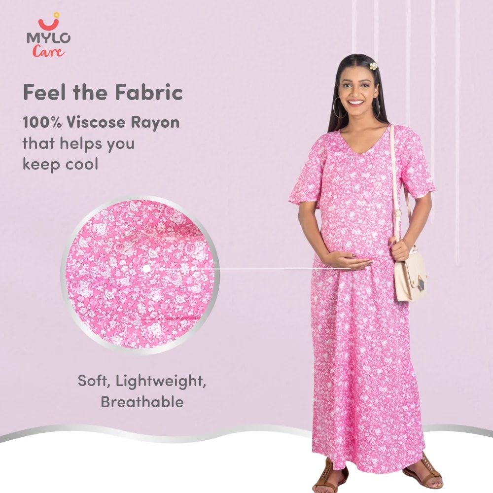 Maternity Dresses For Women with Both Side Zipper For Easy Feeding | Adjustable Belt for Growing Belly | Maxi Nighty Dress | Pink Rose | L
