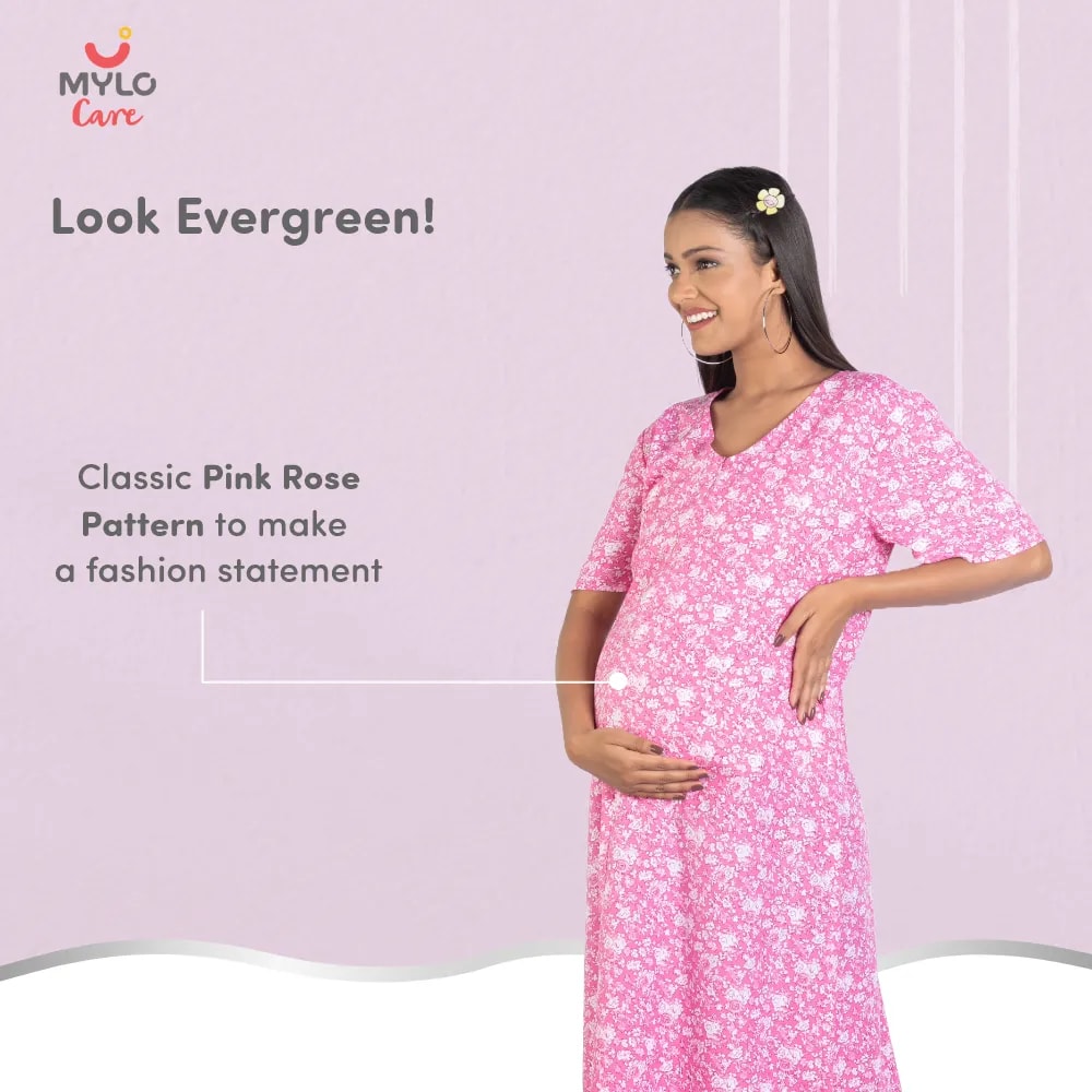 Maternity Dresses For Women with Both Side Zipper For Easy Feeding | Adjustable Belt for Growing Belly | Maxi Nighty Dress | Pink Rose | L