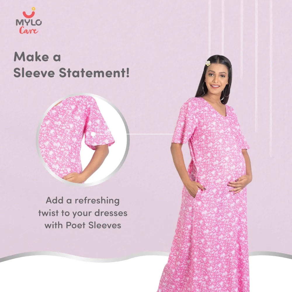 Maternity Dresses For Women with Both Side Zipper For Easy Feeding | Adjustable Belt for Growing Belly | Maxi Nighty Dress | Pink Rose | L