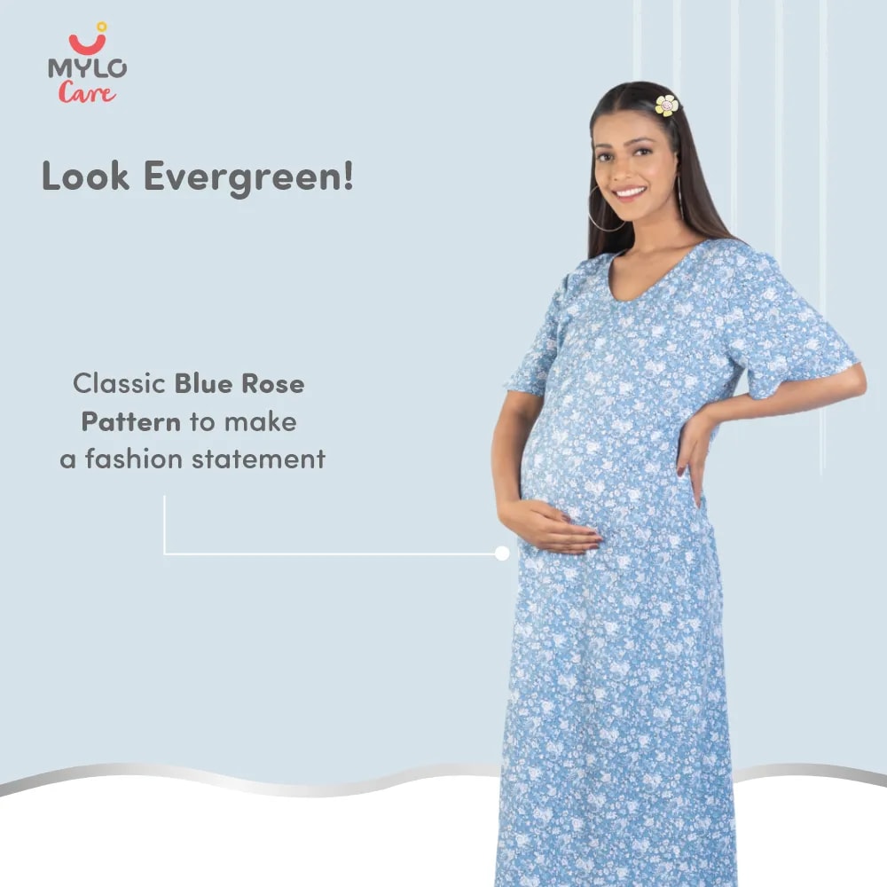 Maternity Dresses For Women with Both Side Zipper For Easy Feeding | Adjustable Belt for Growing Belly | Maxi Nighty Dress | Blue Rose | L