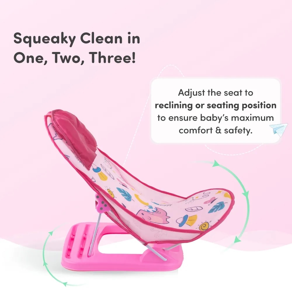 Bath Seat | Baby Bath Chair with 3 Adjustable Positions | Cushioned Headrest & Footrest | Easy to Fold with Washable Soft Mesh | 0-18 Months - Pink Unicorn