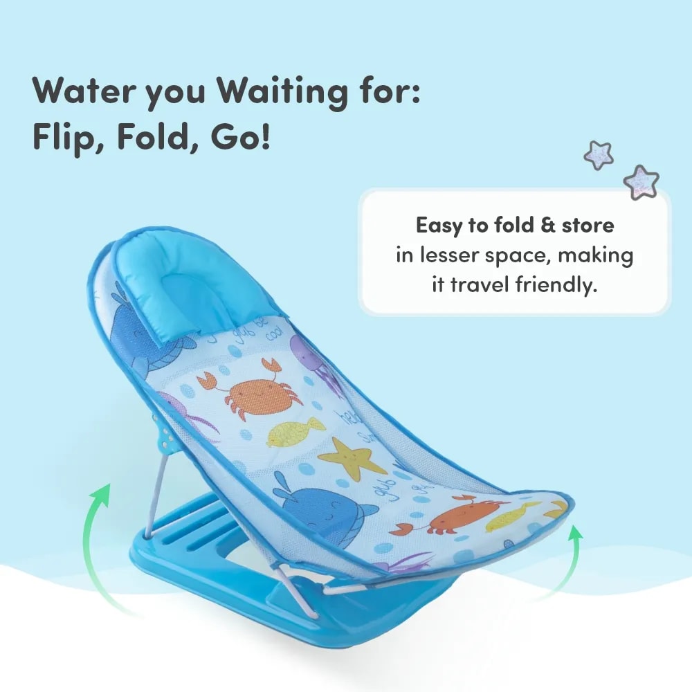 Bath Seat | Baby Bath Chair with 3 Adjustable Positions | Cushioned Headrest & Footrest | Easy to Fold with Washable Soft Mesh | 0-18 Months - Blue Ocean