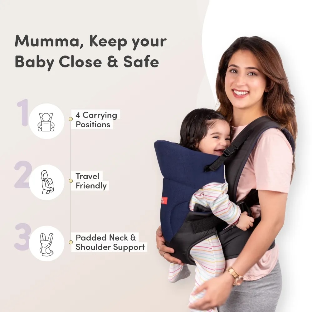 Baby Carrier Bag for 0 to 3 Years with 4 Comfortable Carrying Positions | Lightweight & Travel Friendly | Padded Neck & Shoulder Support - Blue & Black