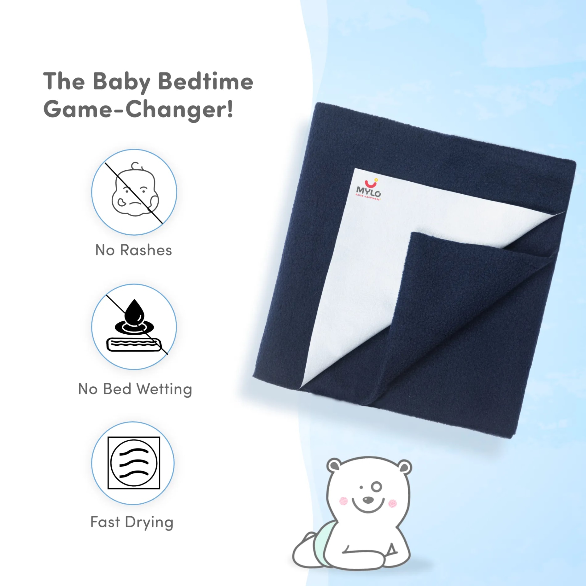Waterproof Extra Absorbent Baby Dry Sheet & Bed Protector | Guards Against Spills, Stains & Nappy Leaks | Foldable & Portable - Navy Blue - M