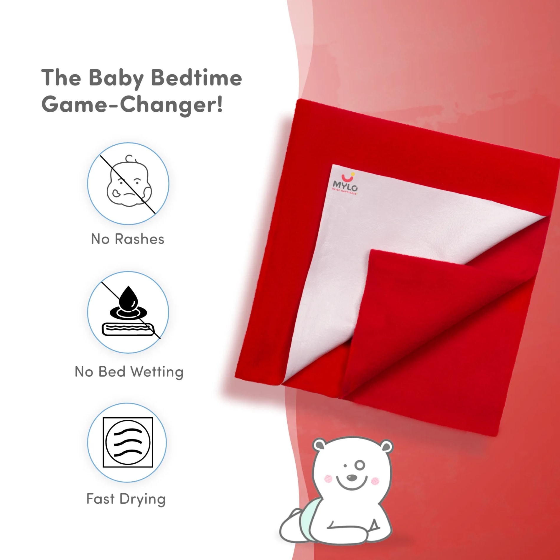 Waterproof Extra Absorbent Baby Dry Sheet & Bed Protector | Guards Against Spills, Stains & Nappy Leaks | Foldable & Portable - Red - M