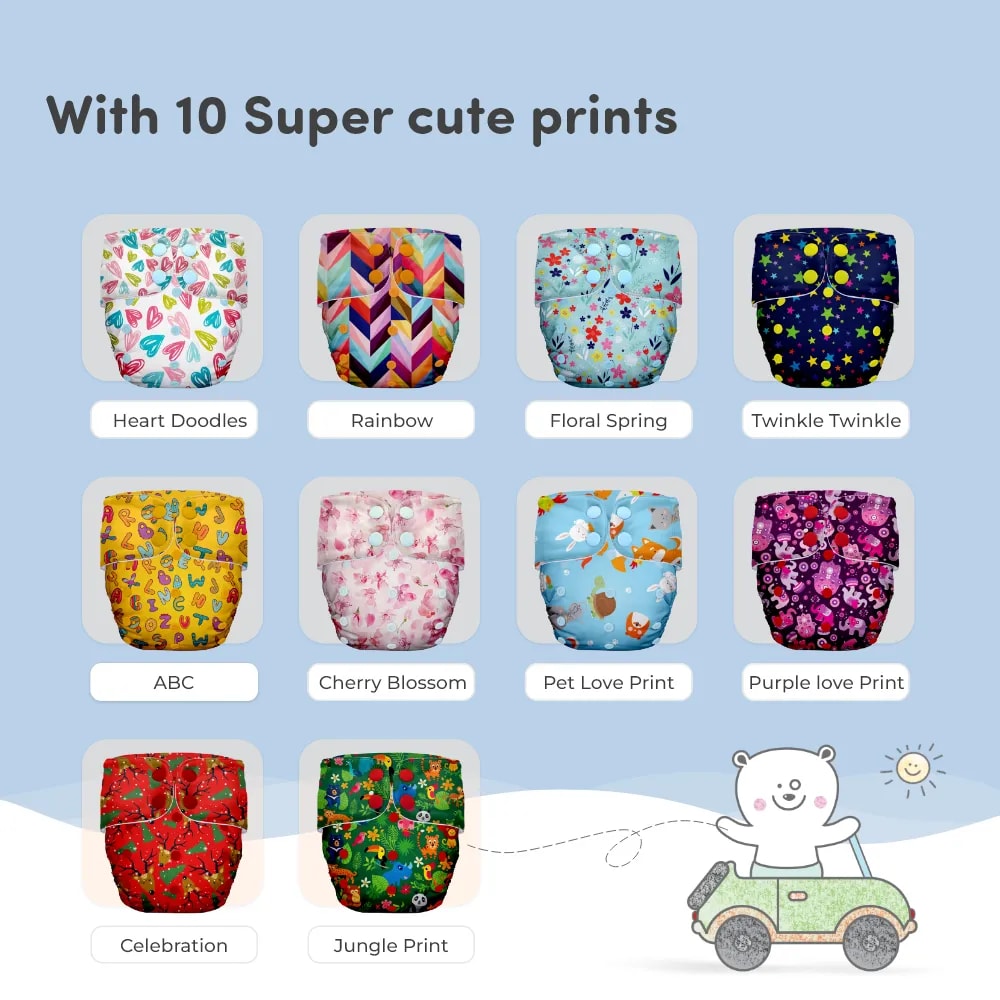 Adjustable Washable & Reusable Cloth Diaper With Dry Feel, Absorbent Insert Pad (3M-3Y) | Oeko-Tex Certified | Prevents Rashes - Assorted Colors - Pack of 4