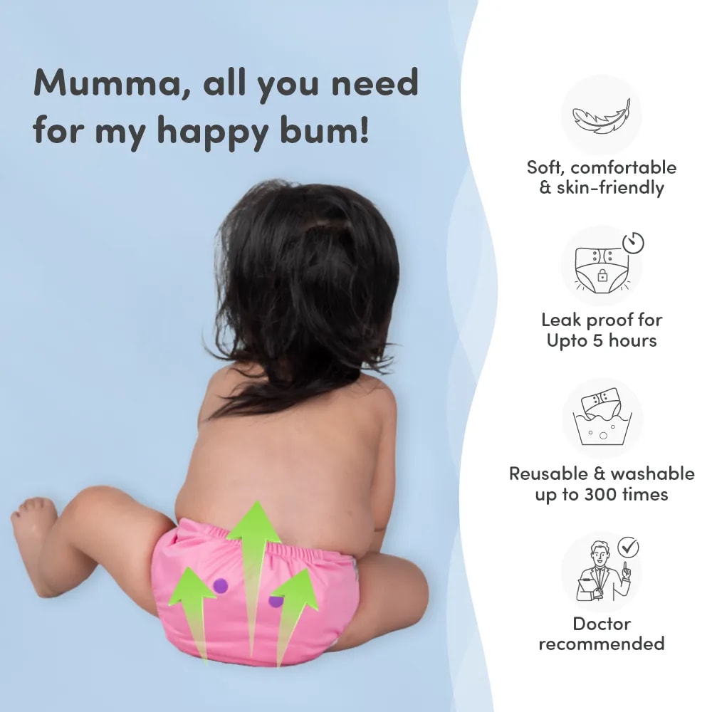 Adjustable Washable & Reusable Cloth Diaper With Dry Feel, Absorbent Insert Pad (3M-3Y) | Oeko-Tex Certified | Prevents Rashes - Assorted Colors - Pack of 4