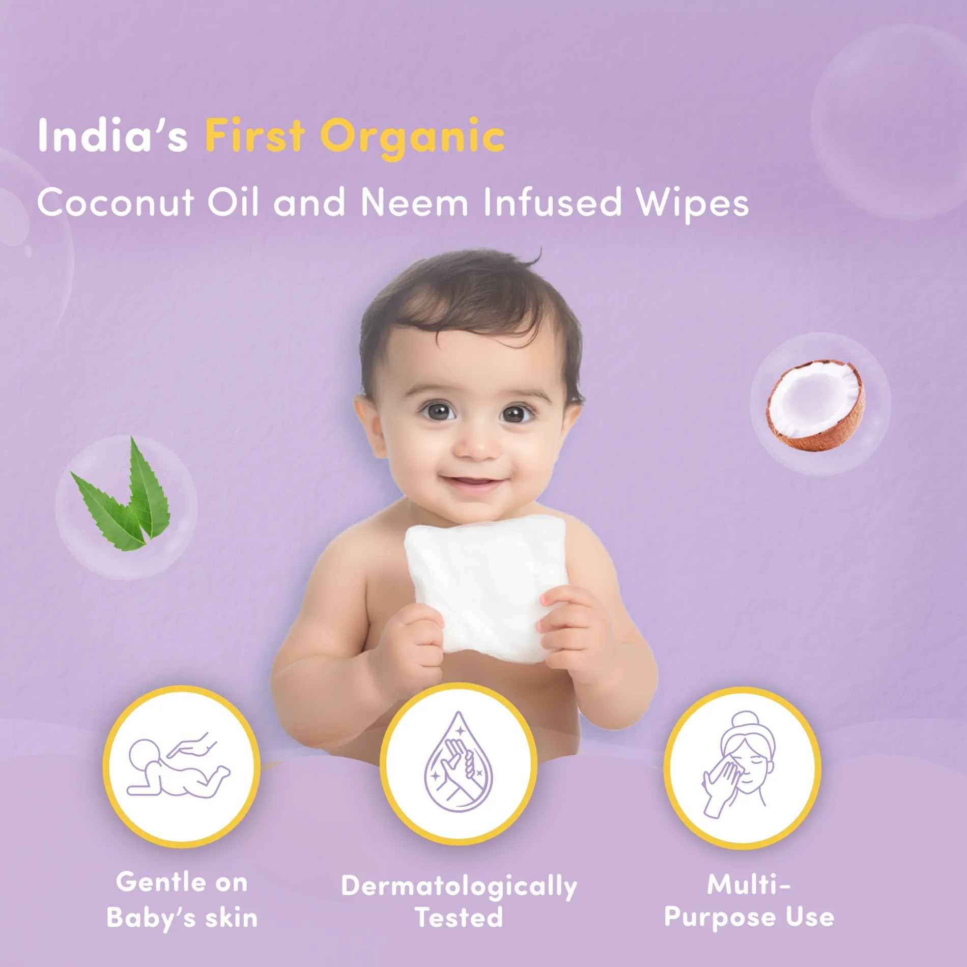 Gentle Baby Wipes With Lid - Organic Coconut Oil, Neem, Aloe Vera and Vitamin E | 98% Pure Water | Dermatologically Tested (Pack of 3) - 72 Wipes Per Pack