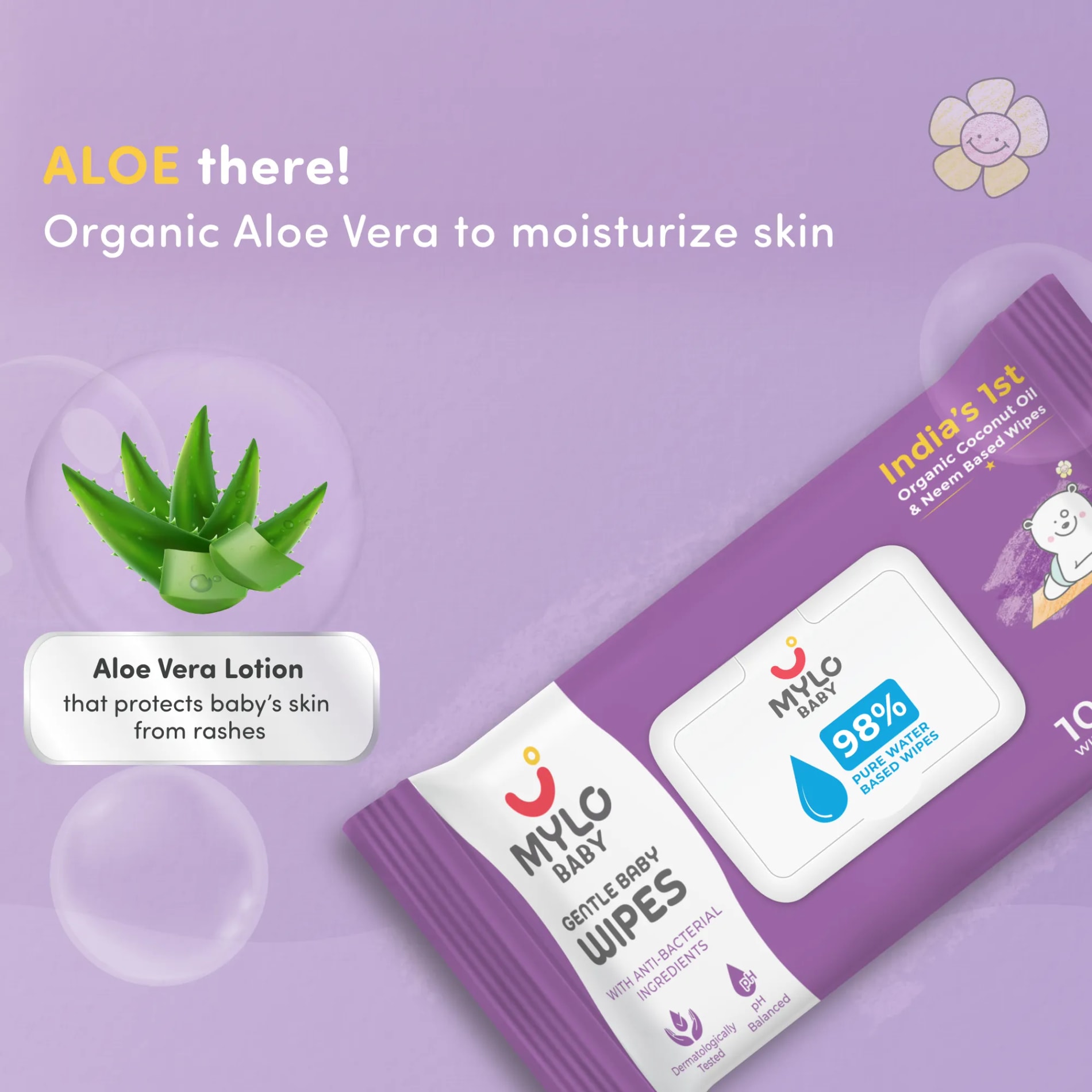 Gentle Baby Wipes With Lid - Organic Coconut Oil, Neem, Aloe Vera and Vitamin E | 98% Pure Water | Dermatologically Tested (Pack of 3) - 72 Wipes Per Pack