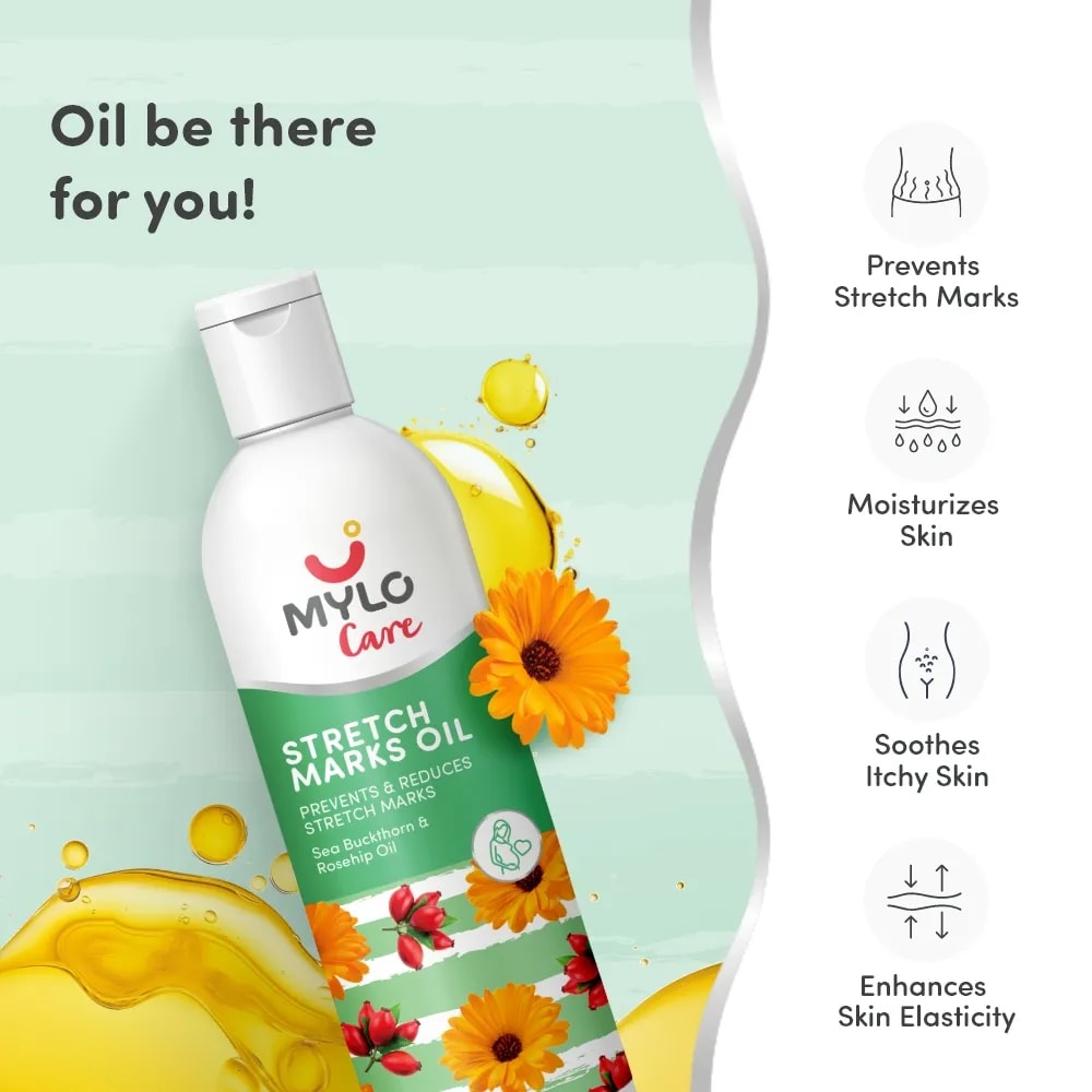 Stretch Marks Oil With Sea Buckthorn, Rosehip, Argan & Coconut Oil | Scars & Stretch Mark Lightening | Natural Skin Care Solution for Pregnant Women - 100ml