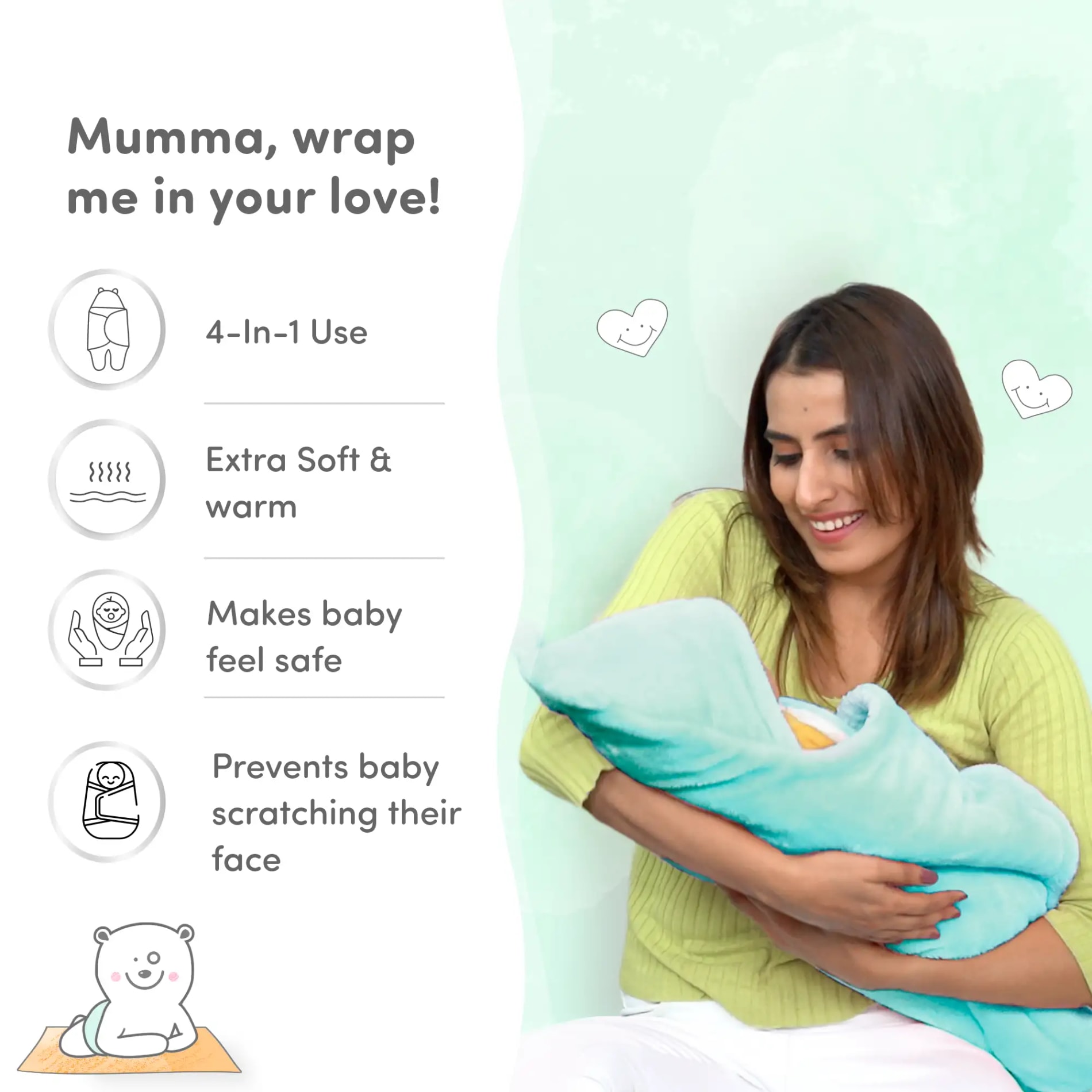 Baby Wrapper for New Born | Baby Swaddling Wrapper | 4-in-1 All Season AC Blanket cum Sleeping Bag for Baby 0-6 Months - Light Pink & Mint Green