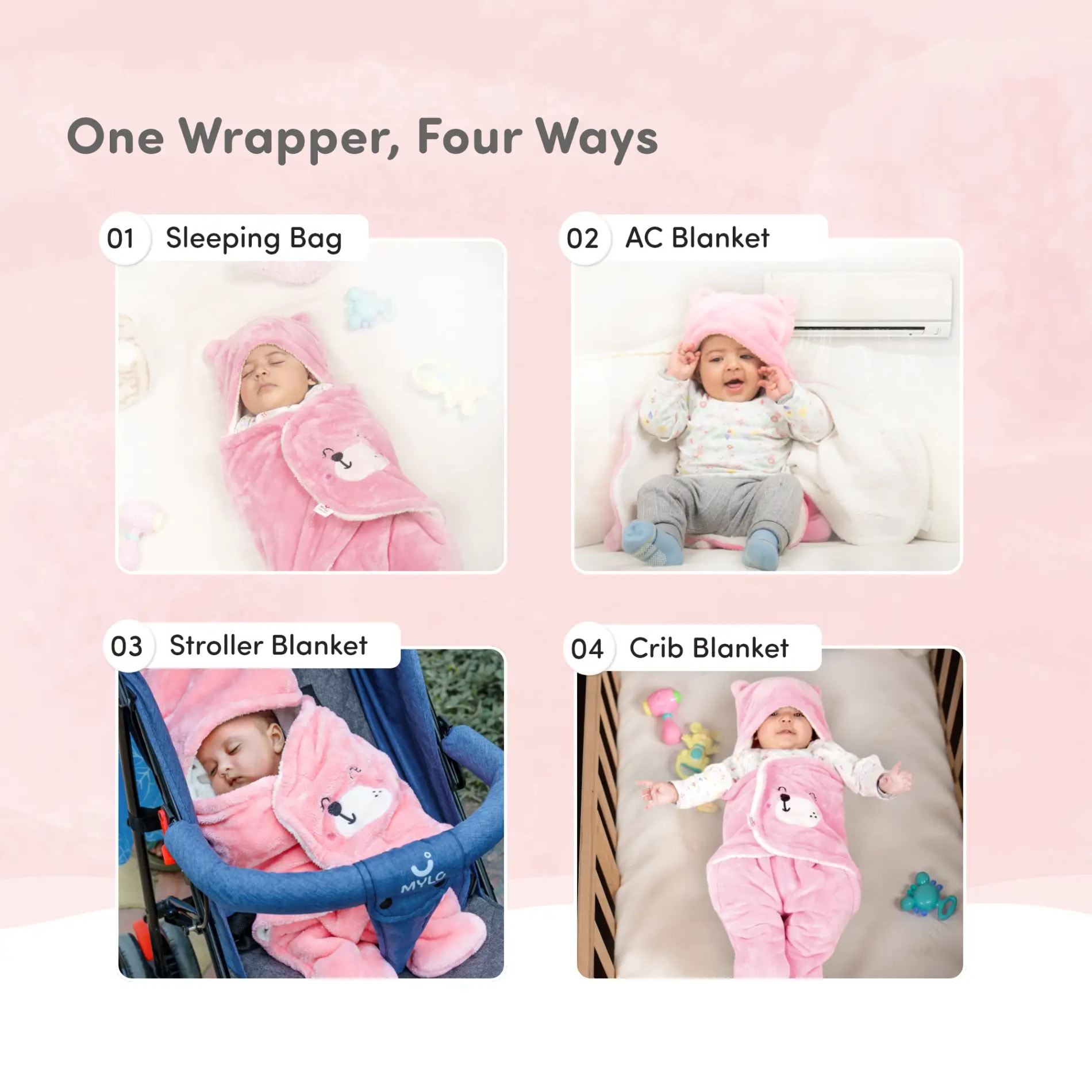Baby Wrapper for New Born | Baby Swaddling Wrapper | 4-in-1 All Season AC Blanket cum Sleeping Bag for Baby 0-6 Months - Light Pink & Light Brown