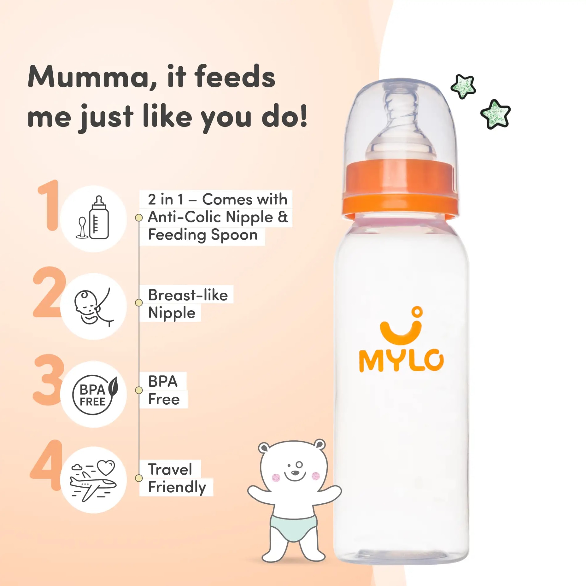 Baby Feeding Sipper Bottle | BPA Free with Anti-Colic Nipple | Feels Natural Baby Bottle | Easy Flow Neck Design - Orange 250ml