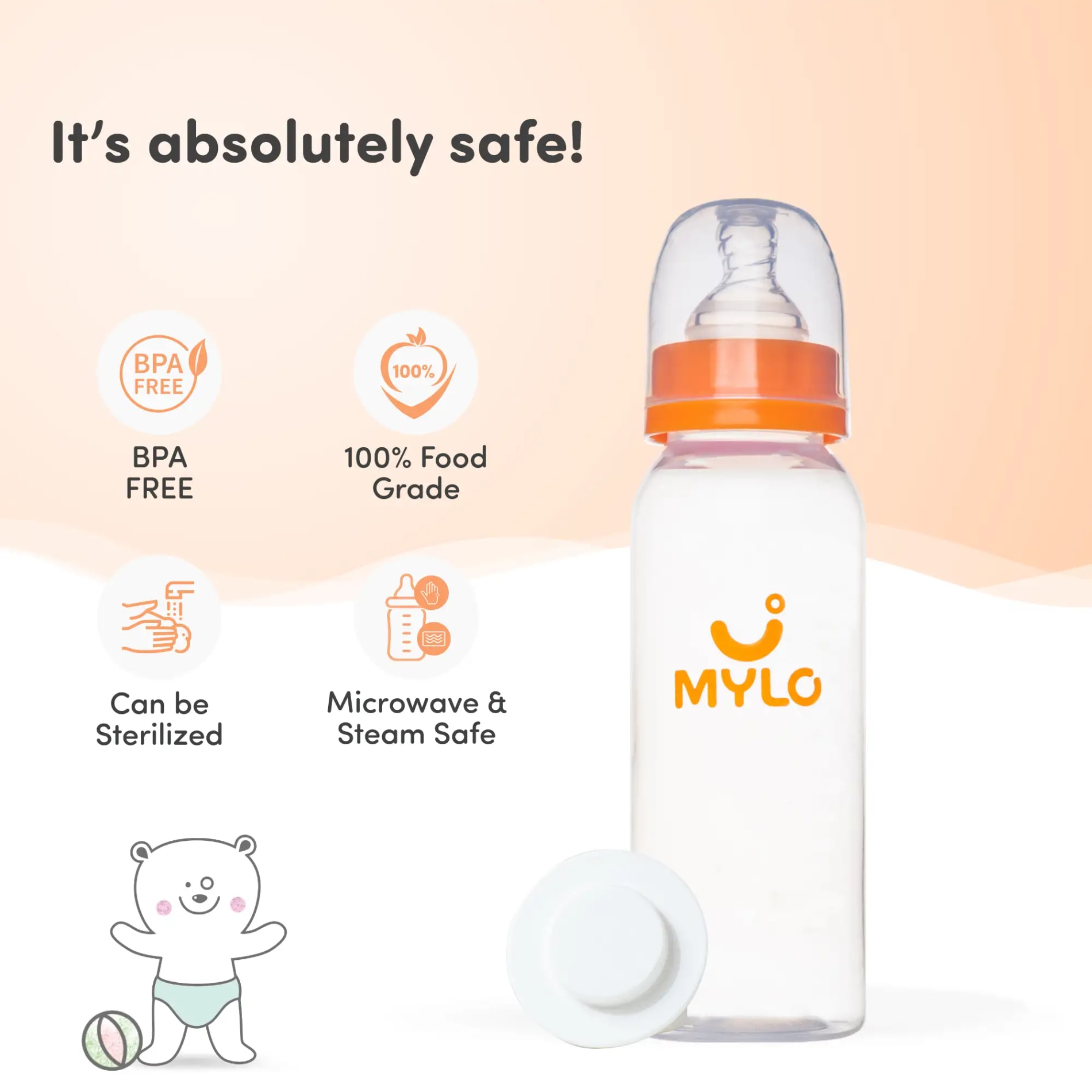Baby Feeding Sipper Bottle | BPA Free with Anti-Colic Nipple | Feels Natural Baby Bottle | Easy Flow Neck Design - Orange 250ml