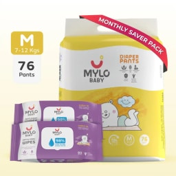Monthly Diapering Super Saver Combo - Baby Diaper Pants Medium (M) - (76 count) + Baby Wipes (Pack of 2)