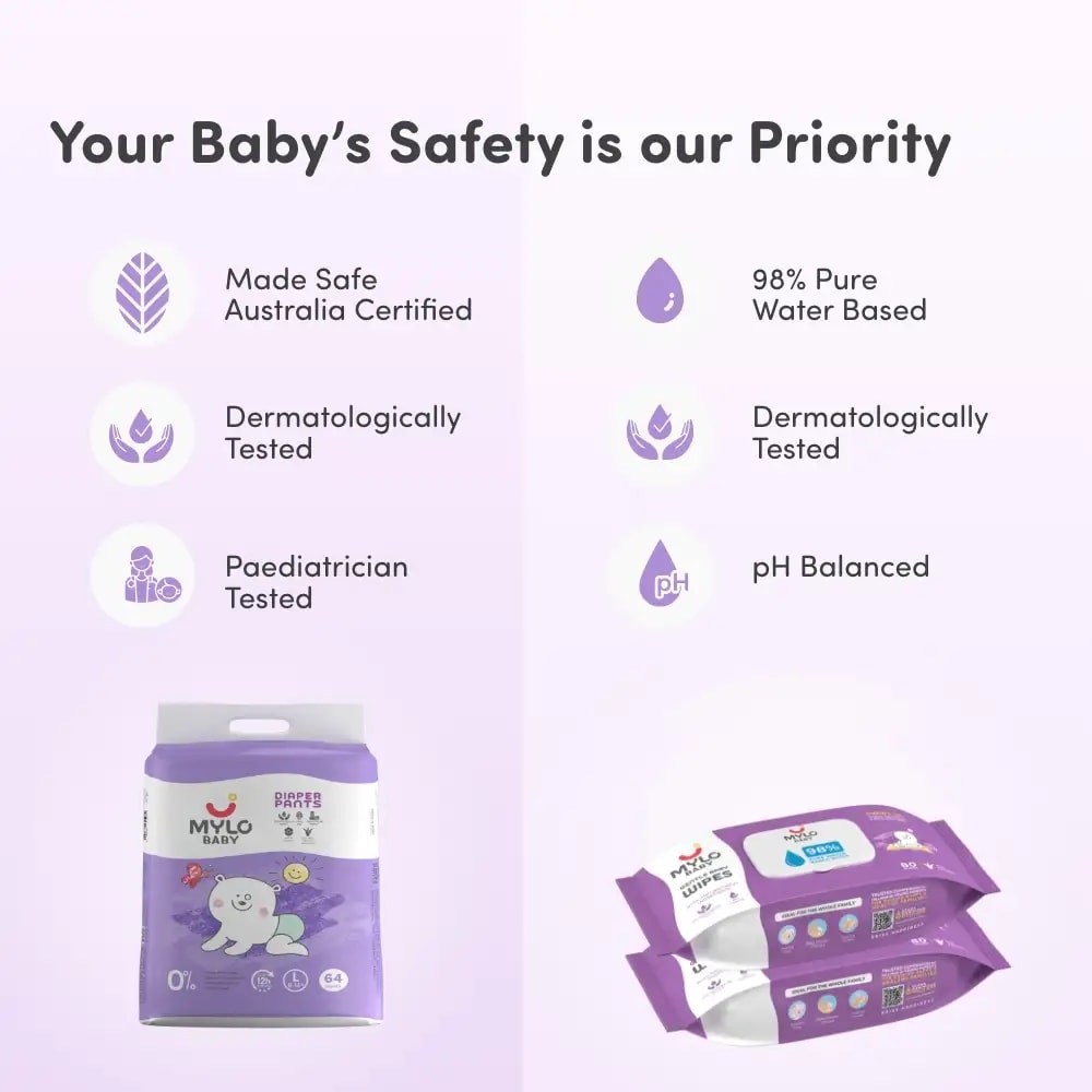 Monthly Diapering Super Saver Combo - Baby Diaper Pants Large (L) - (64 count) + Baby Wipes (Pack of 2)