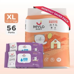 Monthly Diapering Super Saver Combo - Baby Diaper Pants Extra Large (XL) - (56 count) + Baby Wipes (Pack of 2)