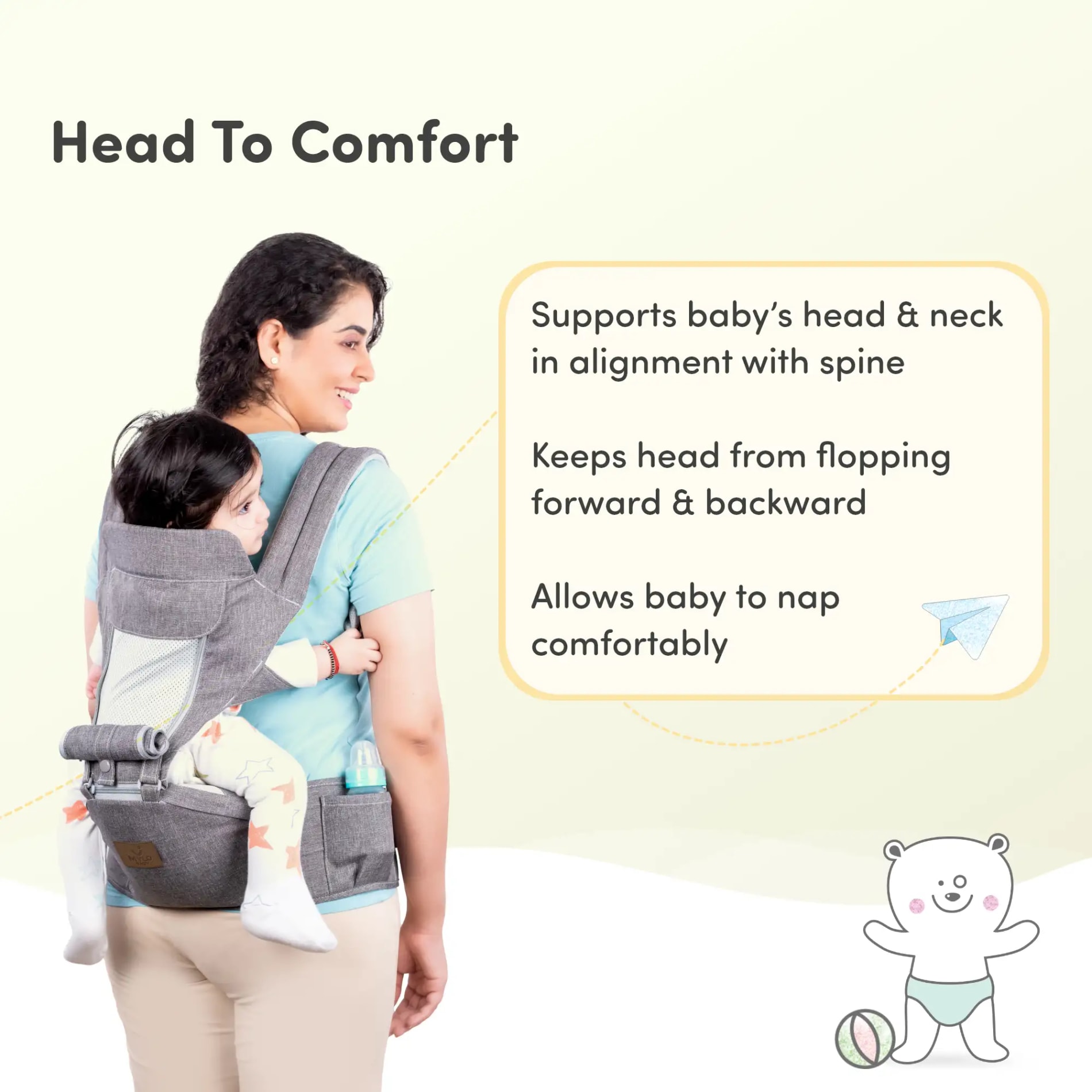 Riviera Premium Baby Carrier Bag for 0 to 3 Year Baby with 6 Comfortable Carrying Positions | Premium Fabric | Wider Waist Belt | Ergonomic Hip Seat - Grey