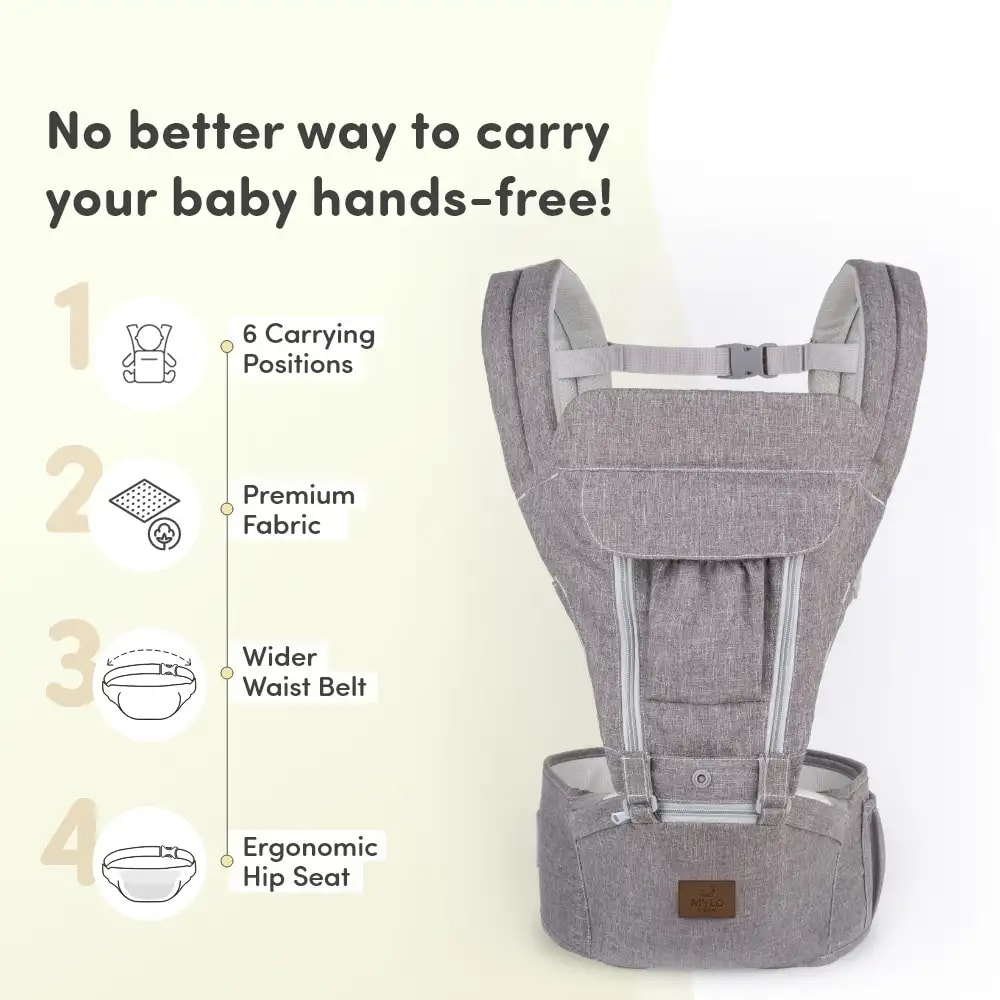 Riviera Premium Baby Carrier Bag for 0 to 3 Year Baby with 6 Comfortable Carrying Positions | Premium Fabric | Wider Waist Belt | Ergonomic Hip Seat - Grey