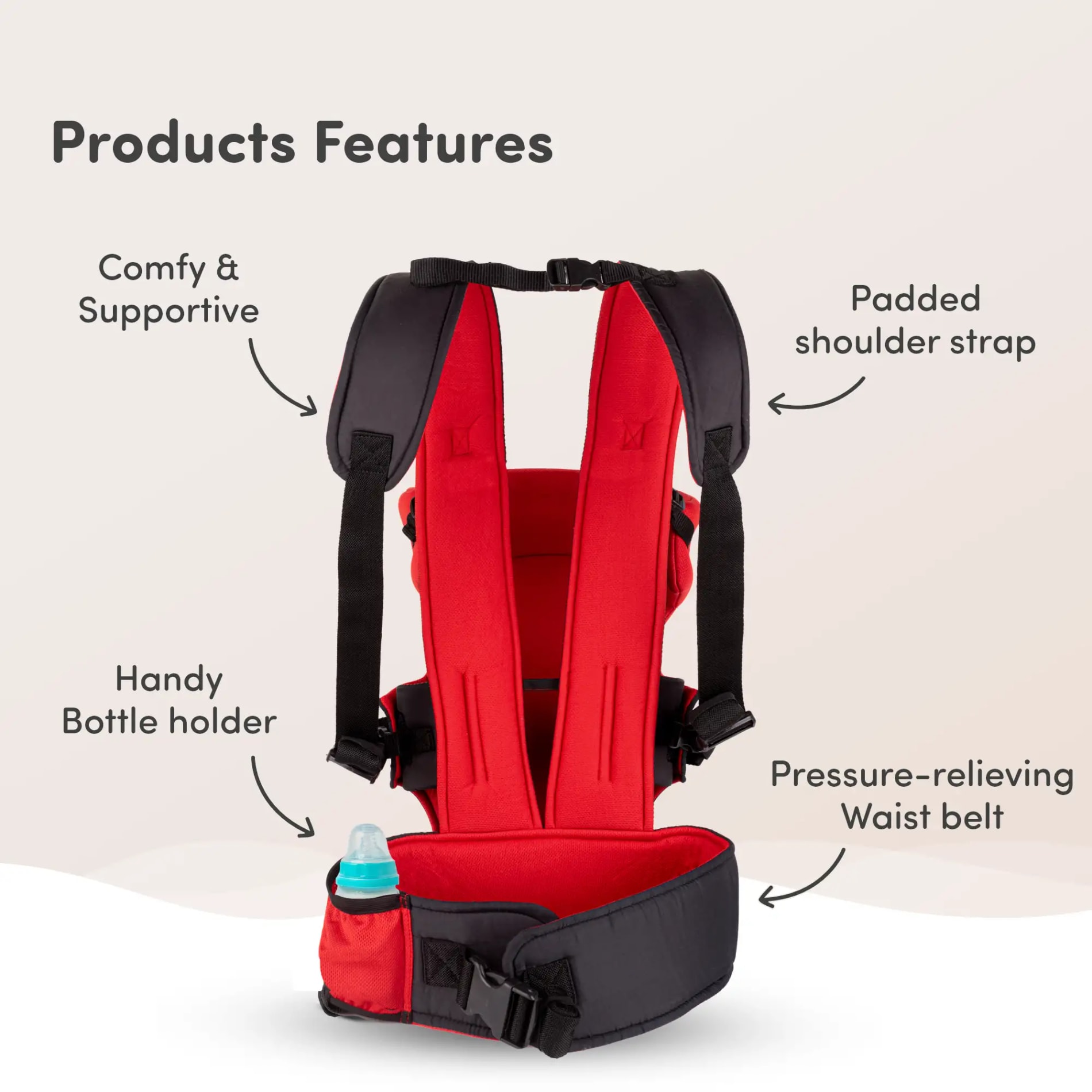 Baby Carrier Bag for 0 to 3 Years with 4 Comfortable Carrying Positions | Lightweight & Travel Friendly | Padded Neck & Shoulder Support - Red & Black
