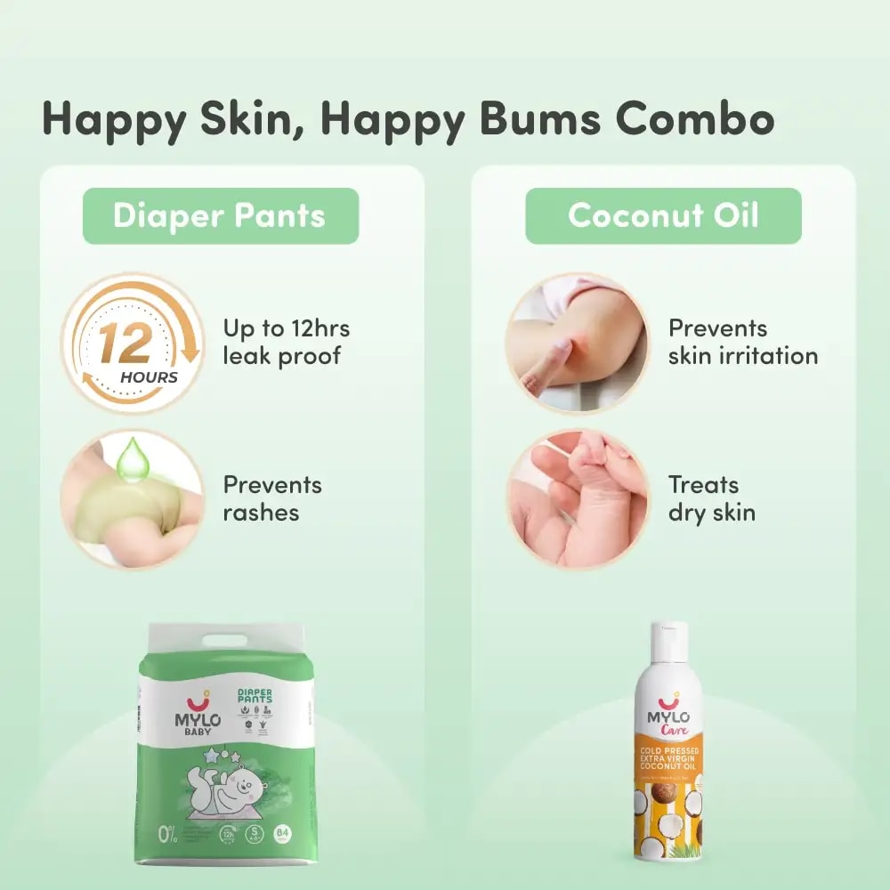Super Saver Combo - Baby Diaper Pants Small (S) 8-4 kgs (84 count) Leak Proof+ Extra Virgin Coconut Oil (200ml)