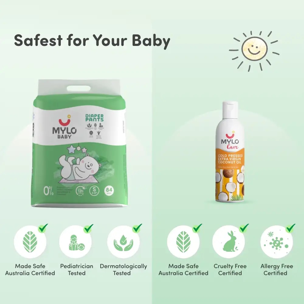 Super Saver Combo - Baby Diaper Pants Small (S) 8-4 kgs (84 count) Leak Proof+ Extra Virgin Coconut Oil (200ml)