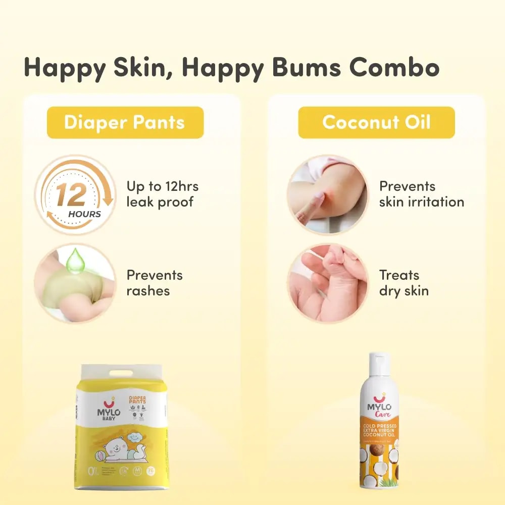 Baby Diaper Pants Medium (M) 7-8 kgs - (76 count) Leak Proof + Extra Virgin Coconut Oil (200ml)