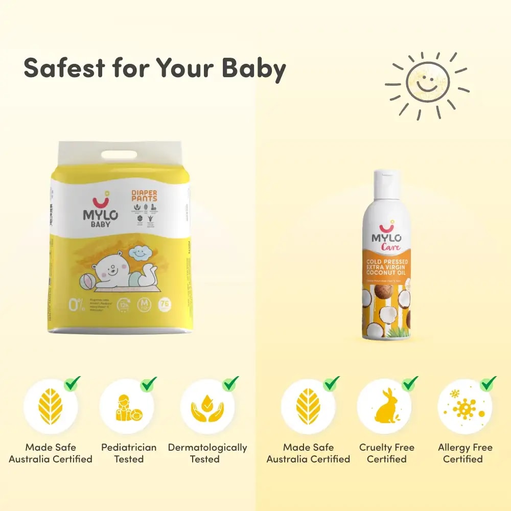Baby Diaper Pants Medium (M) 7-8 kgs - (76 count) Leak Proof + Extra Virgin Coconut Oil (200ml)