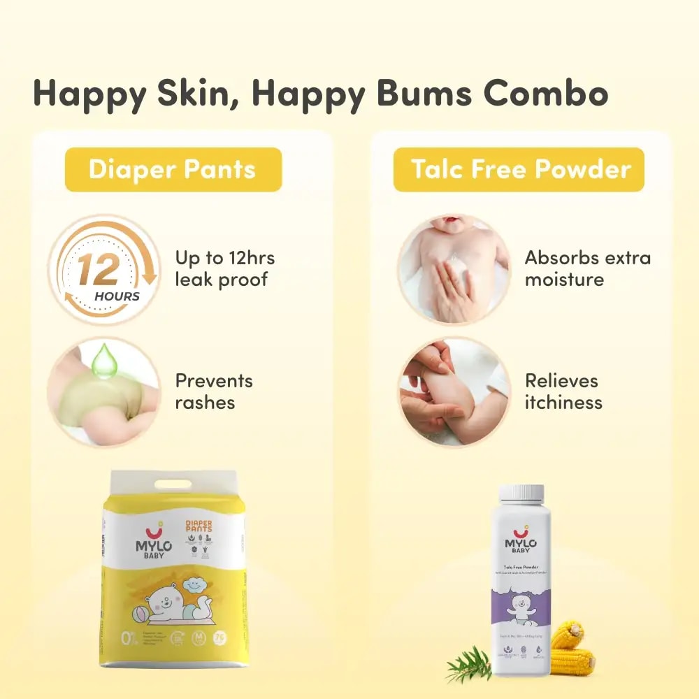 Super Saver Combo - Baby Diaper Pants Medium (M) Size 7-12 kgs (76 count) Leak Proof + Baby Powder for Kids - 300 gm