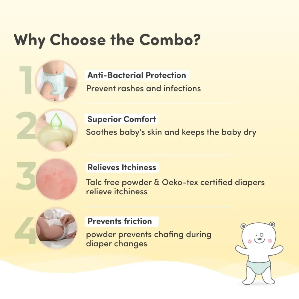 Super Saver Combo - Baby Diaper Pants Medium (M) Size 7-12 kgs (76 count) Leak Proof + Baby Powder for Kids - 300 gm