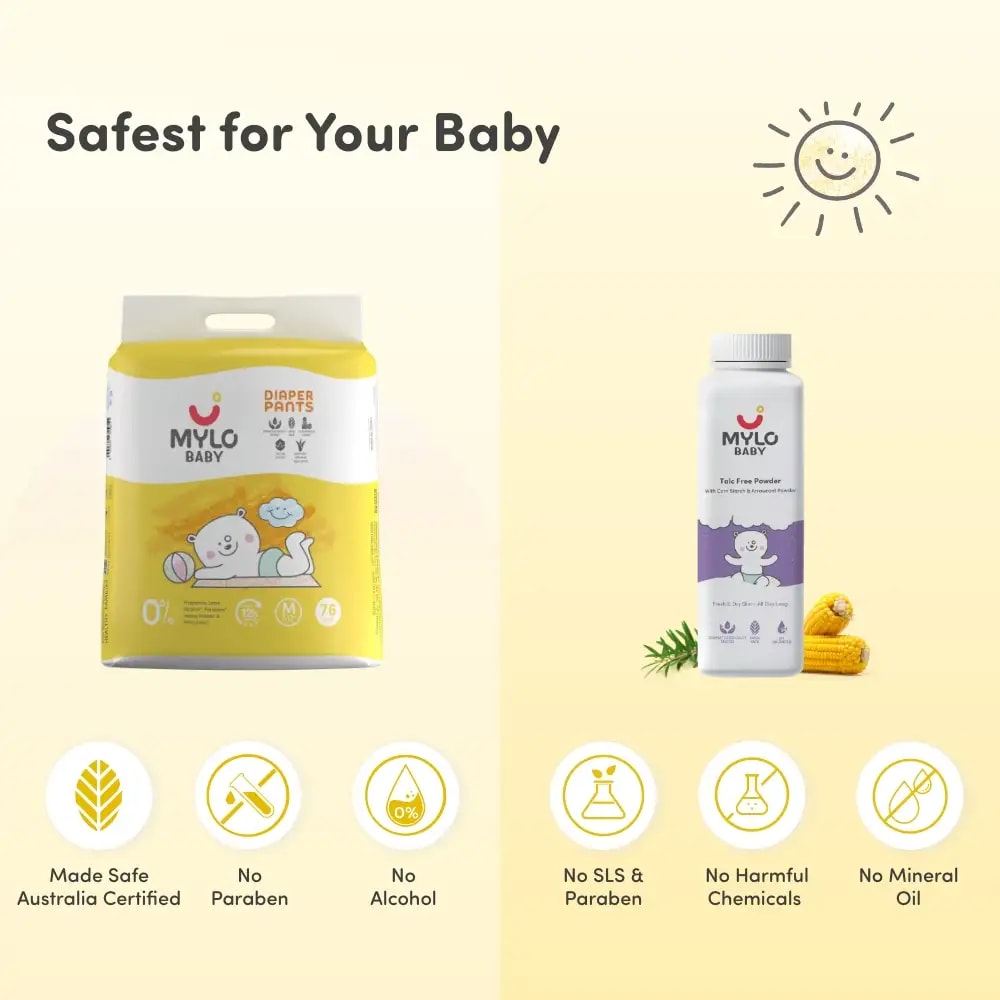 Super Saver Combo - Baby Diaper Pants Medium (M) Size 7-12 kgs (76 count) Leak Proof + Baby Powder for Kids - 300 gm