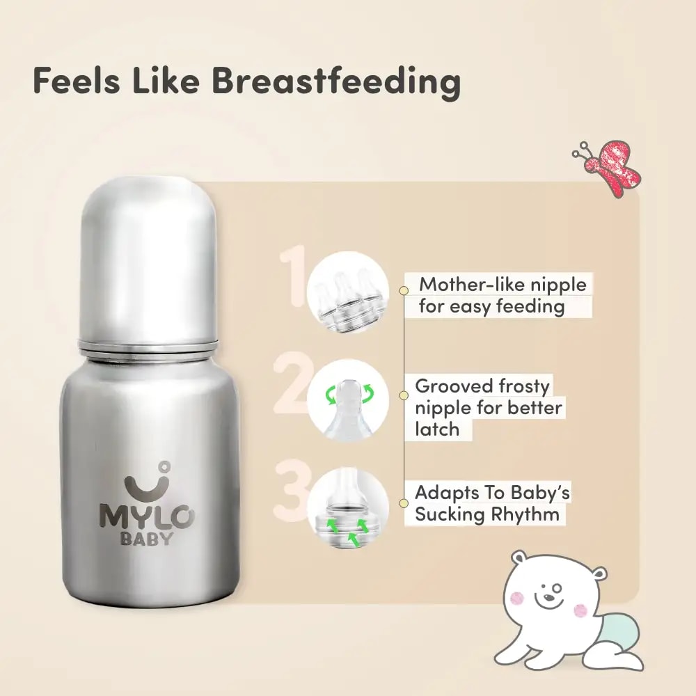 Stainless Steel Feeding Sipper Bottle | BPA Free | Anti-Colic | 100% Food Grade | Feels Natural Baby Bottle | Non-toxic Rust Free - 140 ml