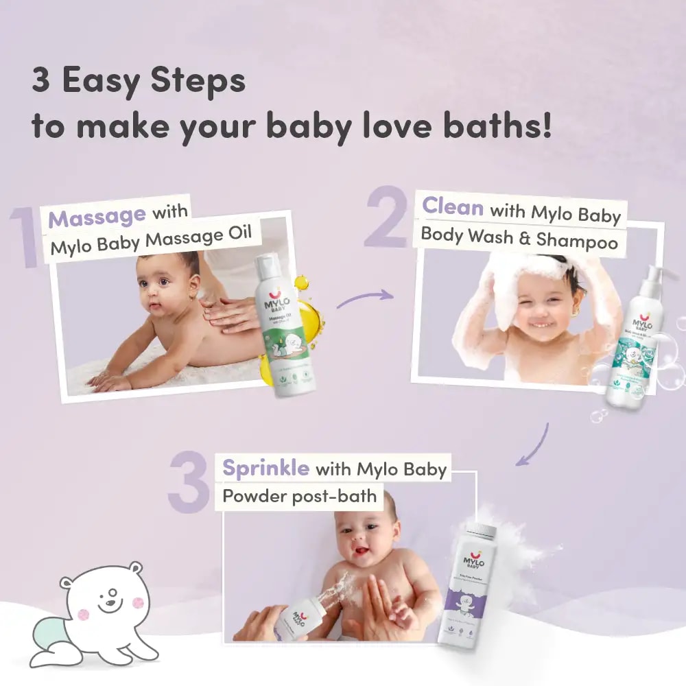 Baby Bath Regime Kit - Massage Oil (200ml), Head to Toe Wash (200ml) & Talc-Free Powder (300gm)