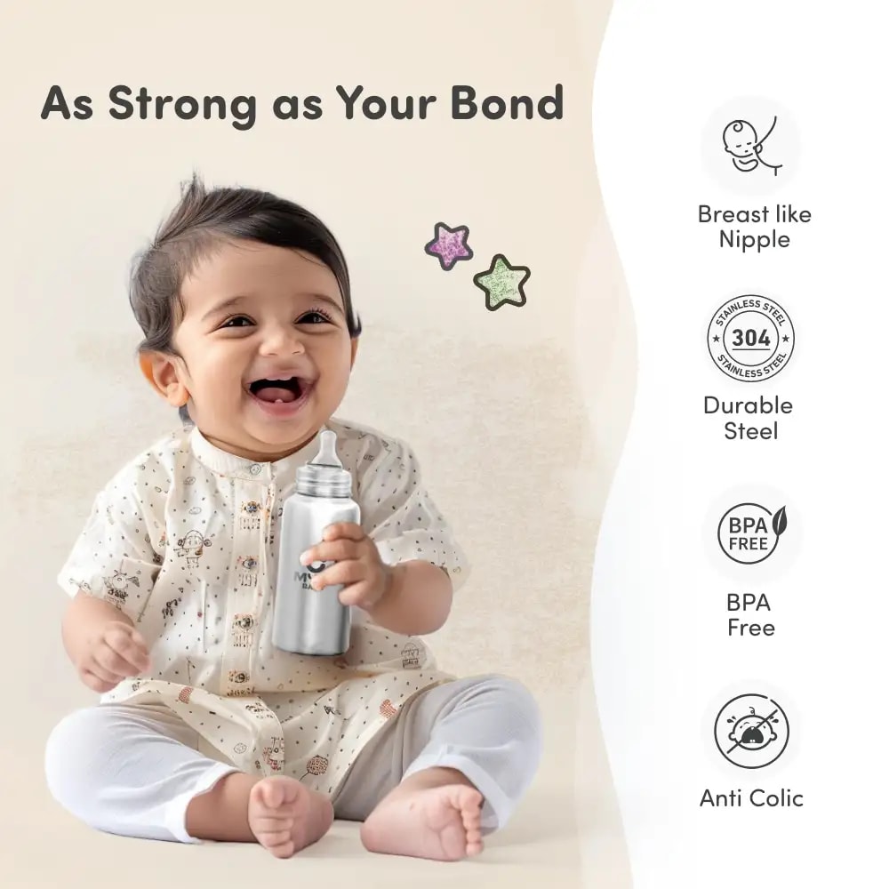 Stainless Steel Feeding Sipper Bottle | BPA Free | Anti-Colic | 100% Food Grade | Feels Natural Baby Bottle | Non-toxic Rust Free - 140 ml + 250 ml